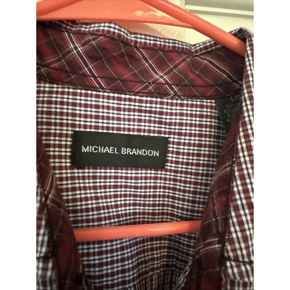 Michael Brandon Mens Plaid Button Up Red Blue Short Sleeve Shirt Pockets Sz Lg - Picture 2 of 10